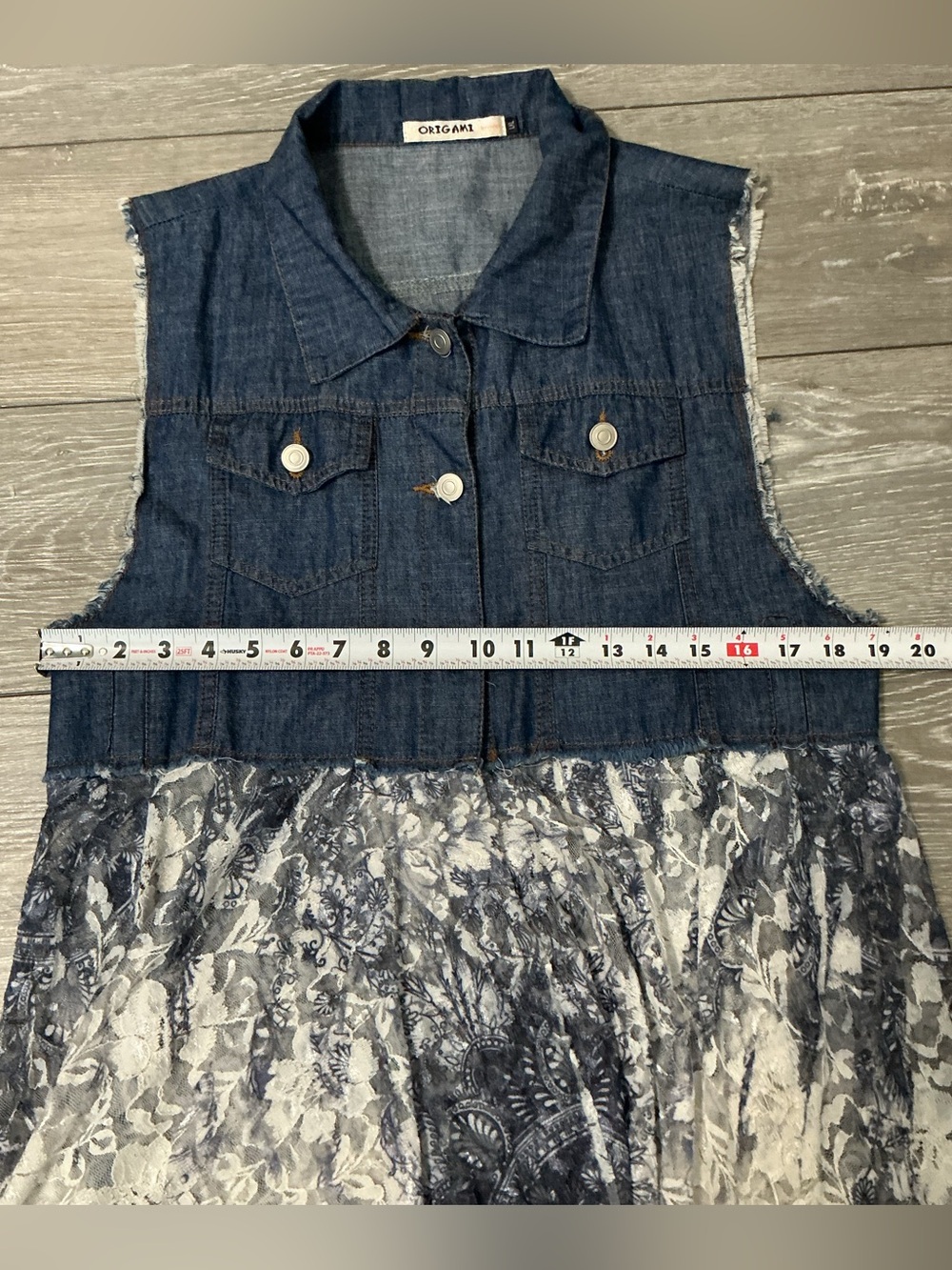 ORIGAMI by Vivian Denim and Lace Button Up Tunic Vest Duster Boho Chic L/XL - Picture 8 of 12